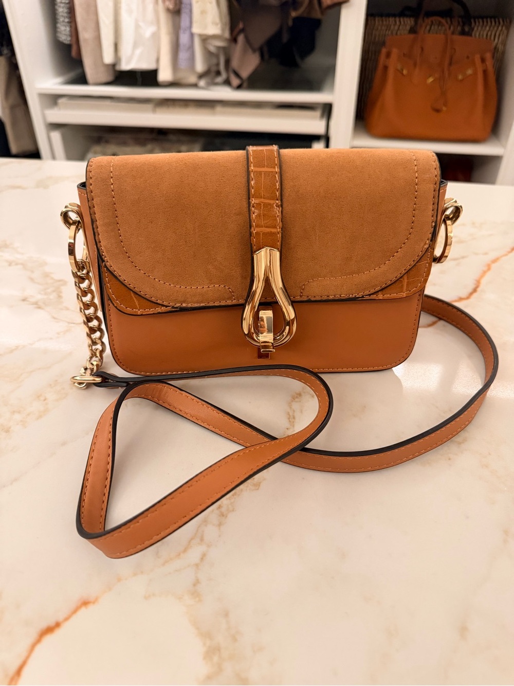 Tan faux Leather and Suede Crossbody Bag with Gold Hardware